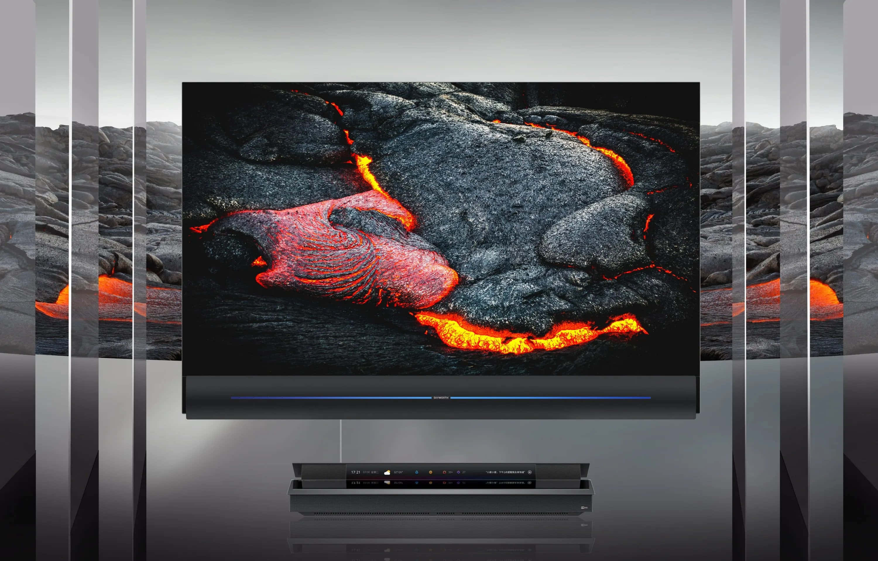tv 桌布 壁紙 — 一部時尚現代電視顯示出熾熱橙色熔岩流過深色火山岩的生動特寫。