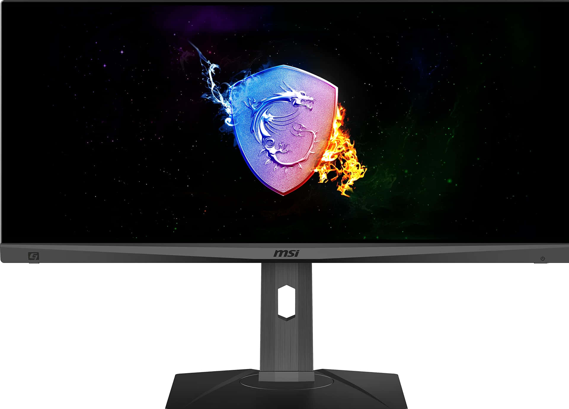  壁紙 — 一部時尚的 MSI 遊戲顯示器在星空宇宙背景上展示了一個鮮明的盾牌標誌，被電光藍色閃電和火熱橙色火焰一分為二。