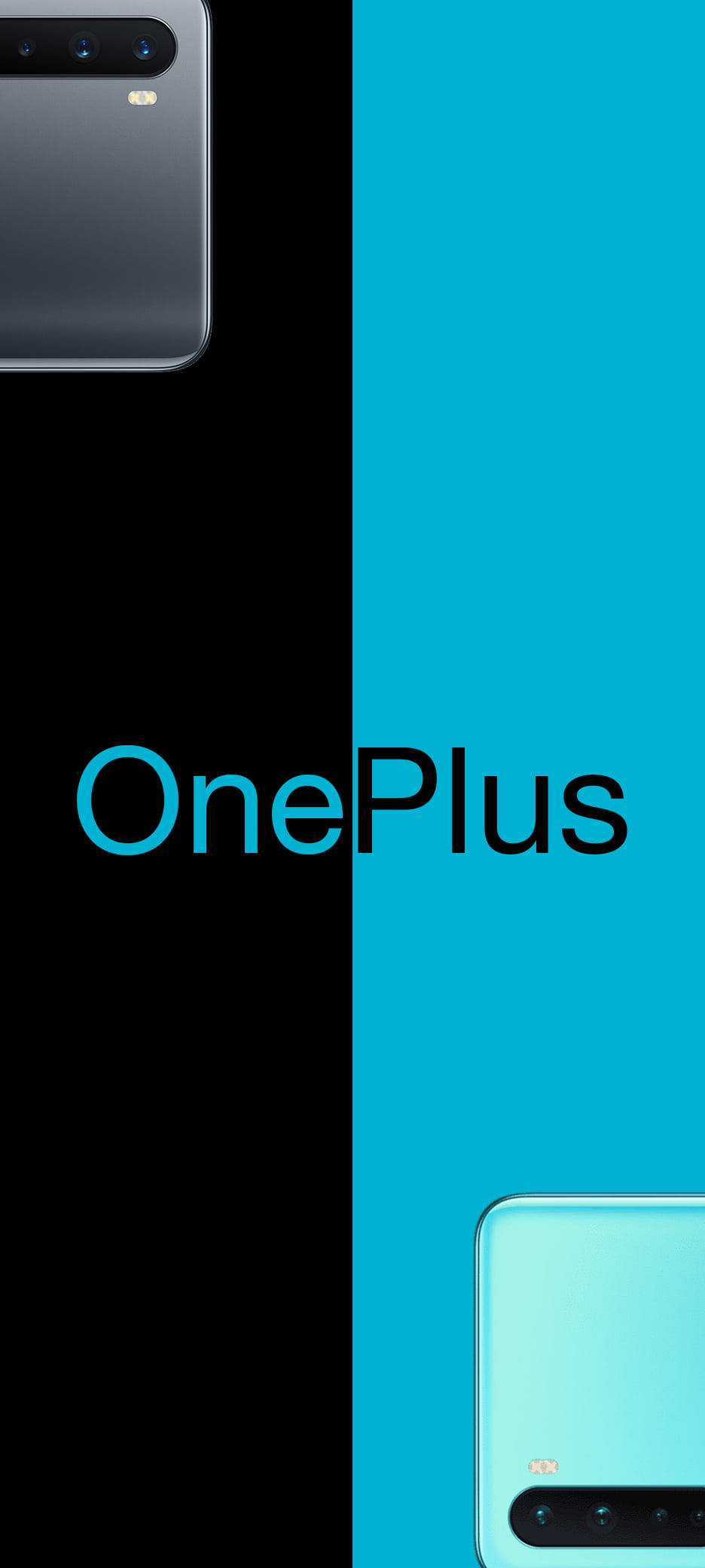 黑色同藍色 桌布 壁紙 — 一部時尚的OnePlus手機，帶有黑色和青色的分割背景，展示品牌標誌和設備角落。