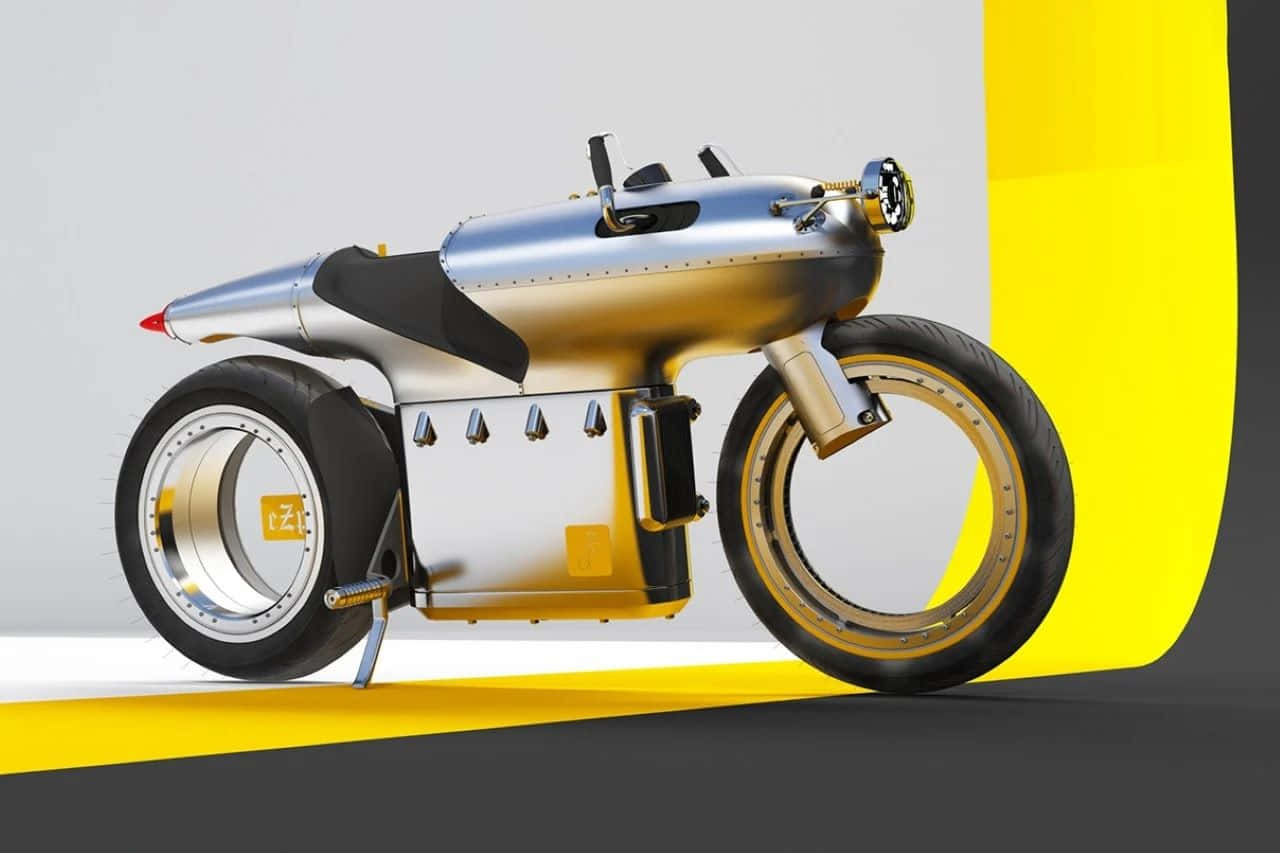 Electric Bike 桌布 壁紙 — 一部時尚的未來感電單車，帶有金屬銀色和金色點綴，矗立在鮮明的黃色和灰色背景前。
