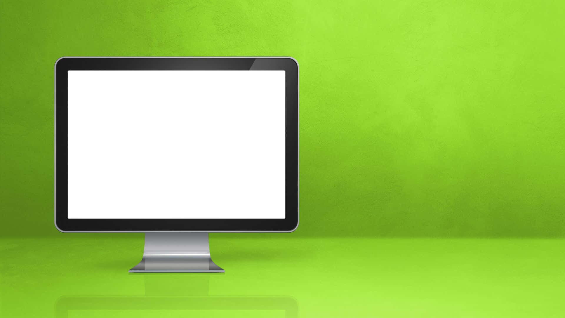 Computer Screen 桌布 壁紙 — 一部時尚的現代電腦顯示器，帶有空白白色屏幕，居中放置在充滿活力的青檸綠色紋理牆壁和地板上。