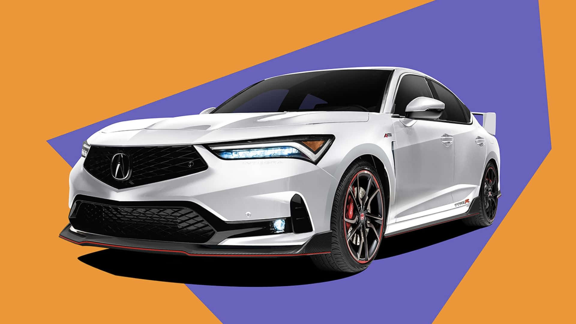 Acura Integra 桌布 壁紙 — 一部時尚的白色Acura NSX跑車，帶有紅色點綴和黑色輪圈，在鮮明的橙色和紫色幾何背景前展示。
