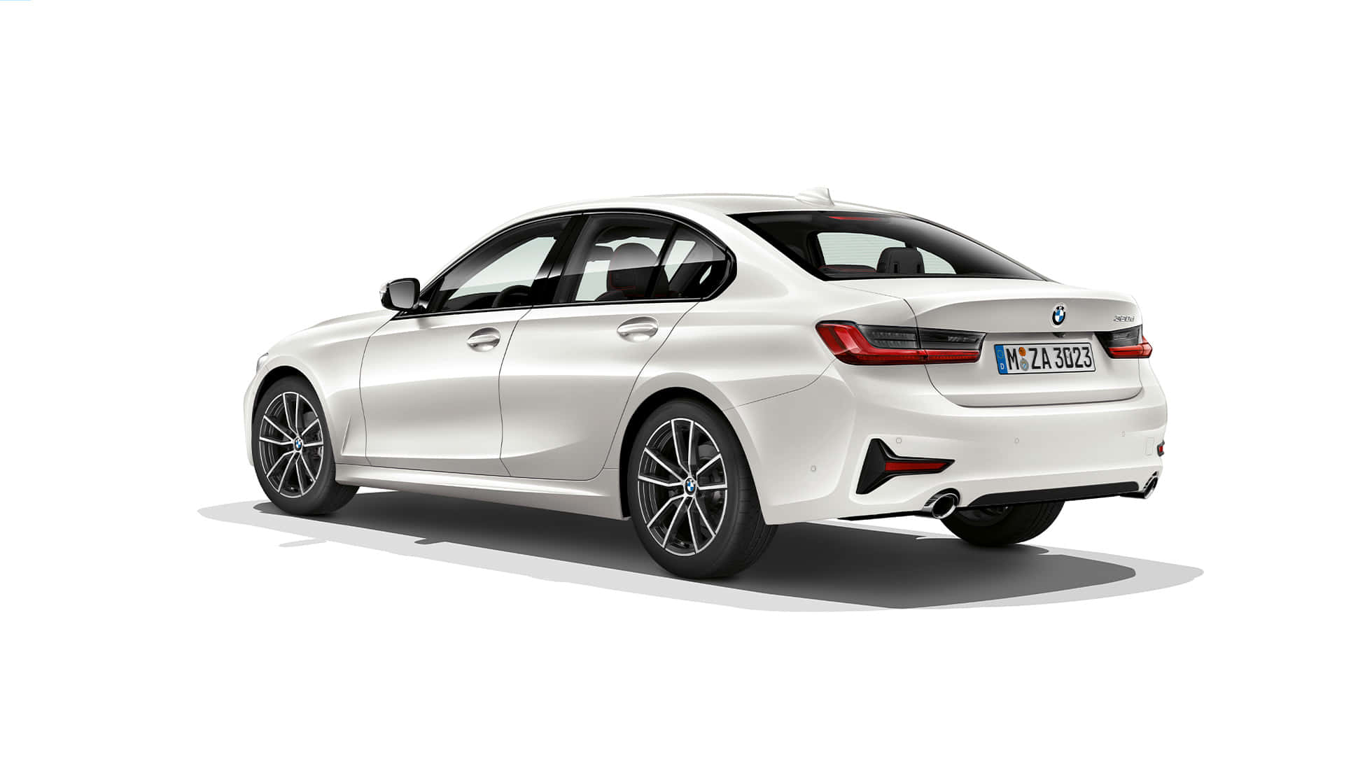 Bmw 3 Series 桌布 壁紙 — 一部時尚的白色BMW房車以四分之三後方視角展示，背景為純白色，帶有柔和陰影。