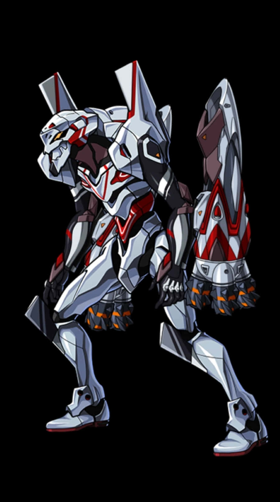 Eva-04 桌布 壁紙 — 一部時尚的白色和紅色機甲，帶有棱角裝甲和發光的橙色眼睛，在黑色背景上擺好姿勢。
