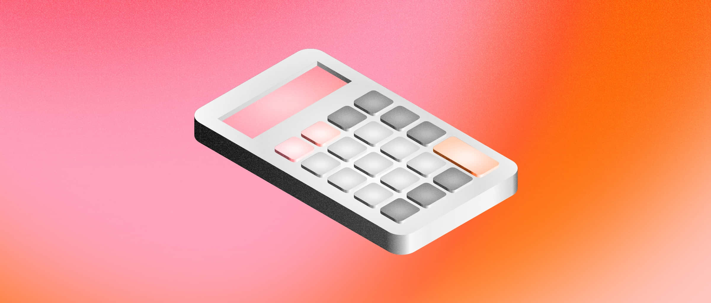 Calculator 桌布 壁紙 — 一部時尚的白色計算機漂浮在充滿活力的粉紅到橙色漸變背景上。