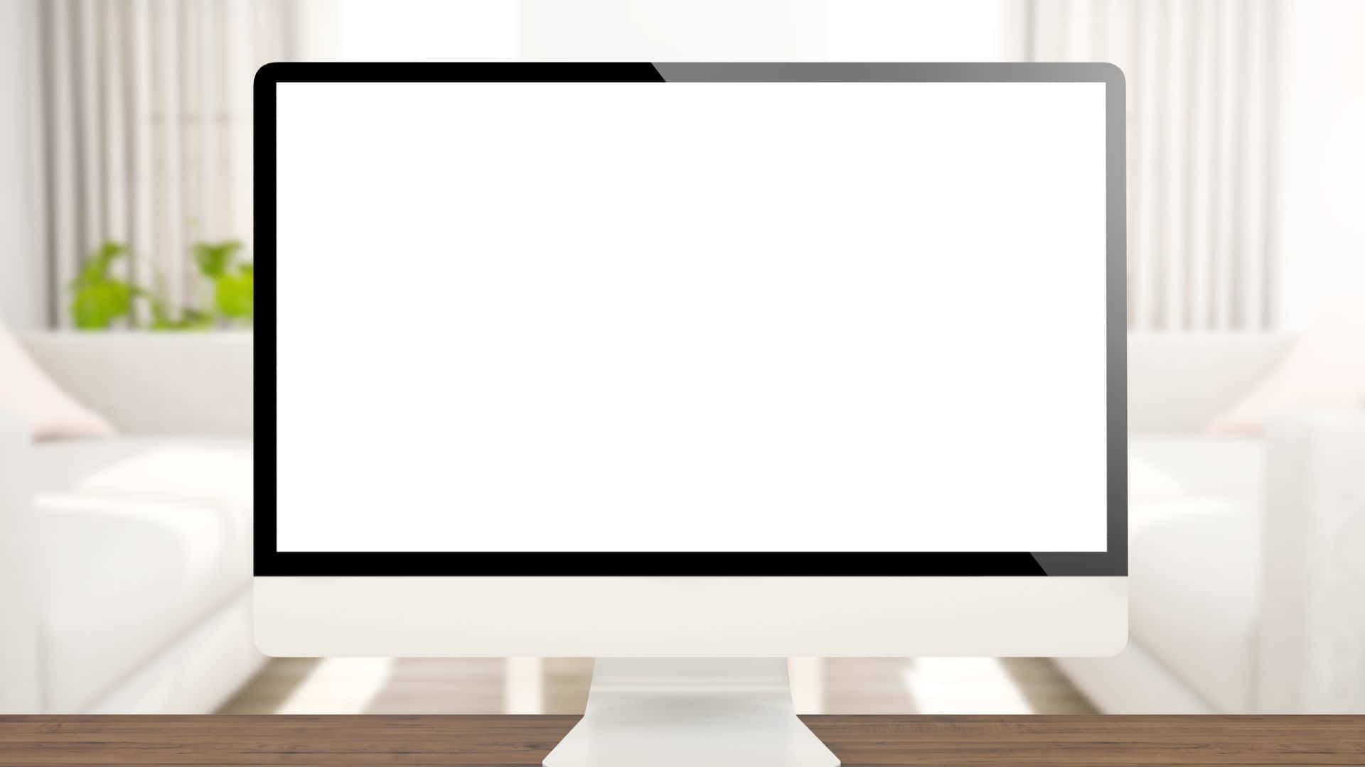Computer Screen 桌布 壁紙 — 一部時尚的白色電腦顯示器，空白屏幕，放在明亮簡約客廳的木桌上。