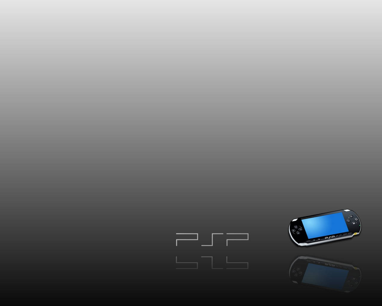 遊戲 桌布 壁紙 — 一部時尚的黑色 PSP 手提遊戲機，配備藍色屏幕，放置在光滑的深灰色表面上，下方反射出標誌。