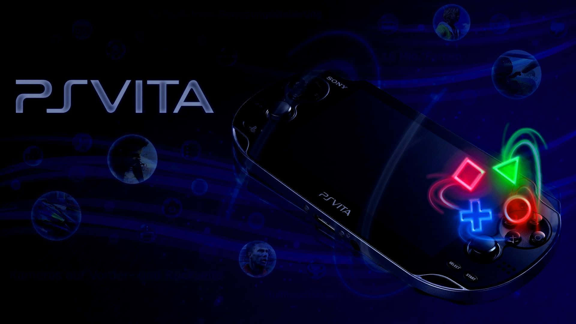 Ps Vita 桌布 壁紙 — 一部時尚的黑色PS Vita主機在深藍色宇宙背景中，搭配漂浮的球體，發出鮮豔的霓虹控制器按鈕光芒。
