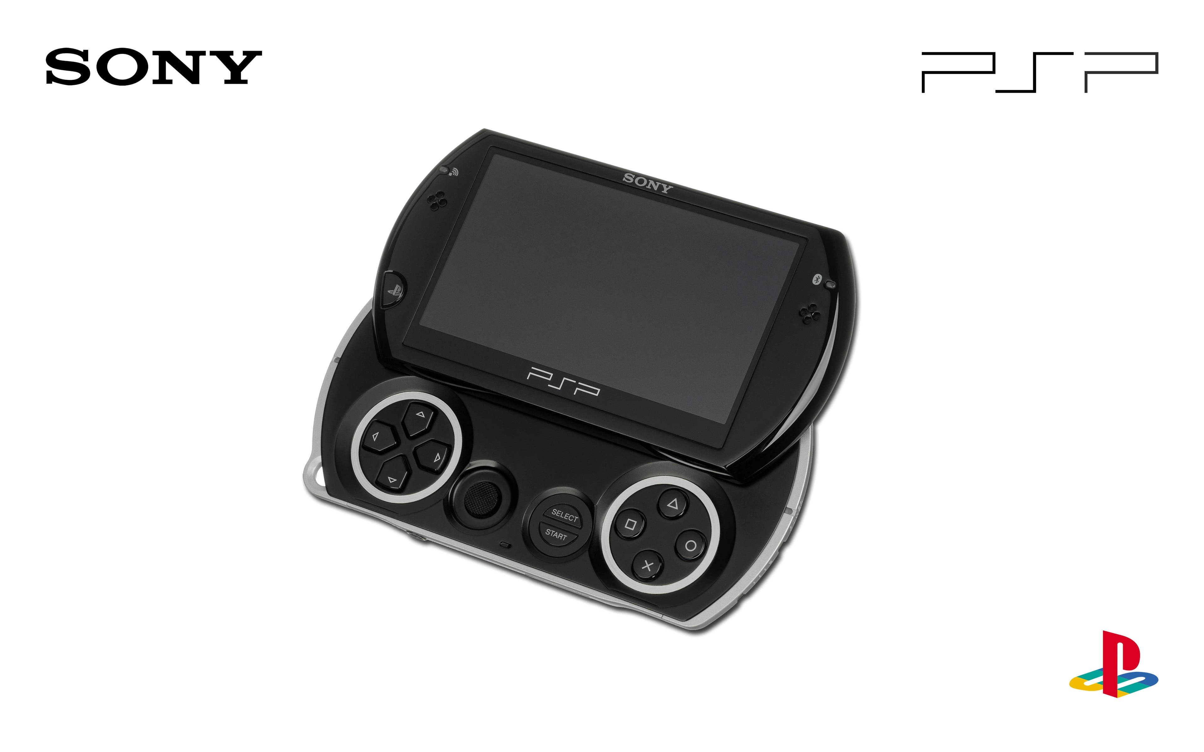 PlayStation 桌布 壁紙 — 一部時尚的黑色Sony PSP手提遊戲機，帶有銀色點綴和標誌品牌，背景為純白色。
