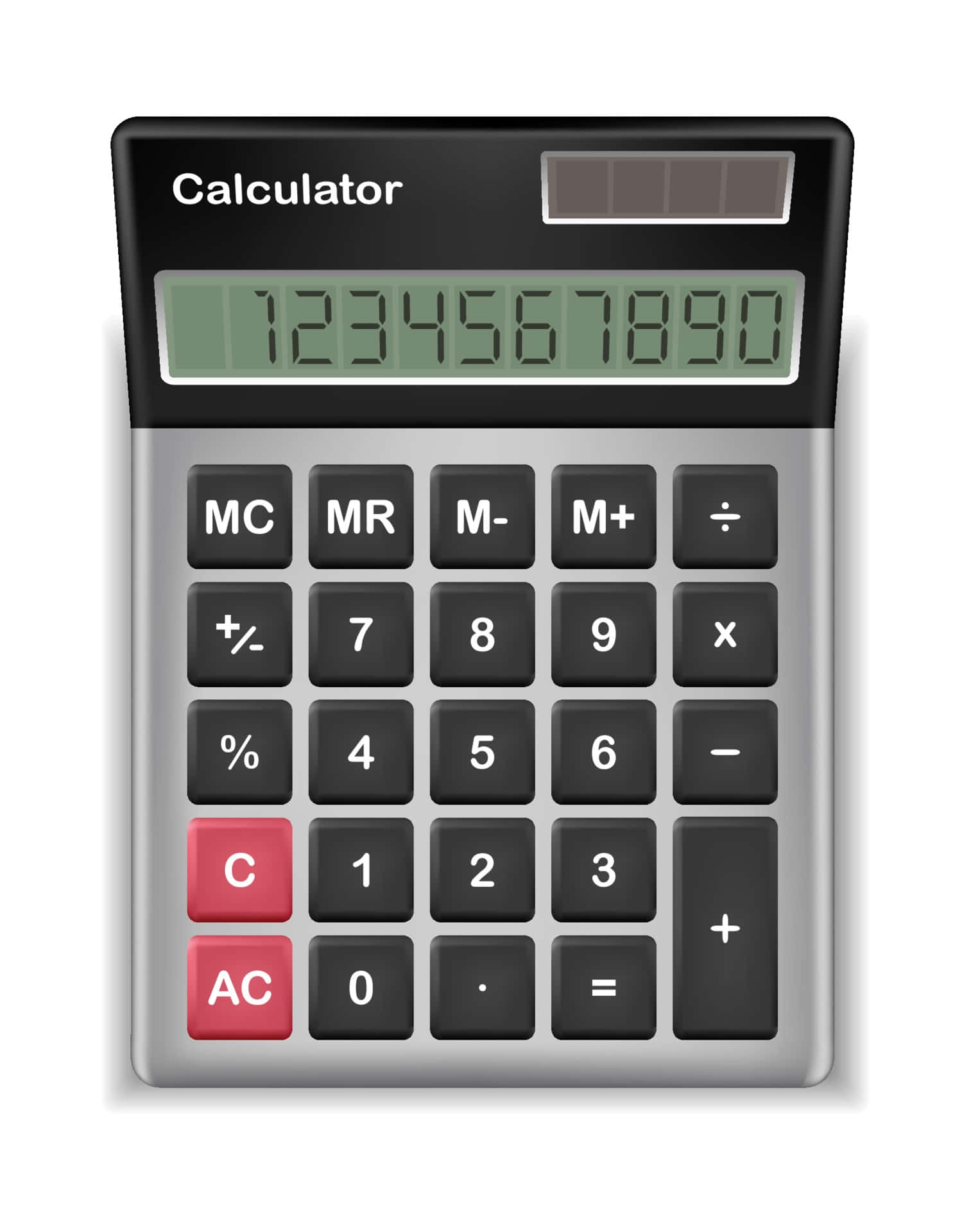 Calculator 桌布 壁紙 — 一部時尚的黑色和銀色計算器在其綠色屏幕上顯示完整的數字序列 1234567890。