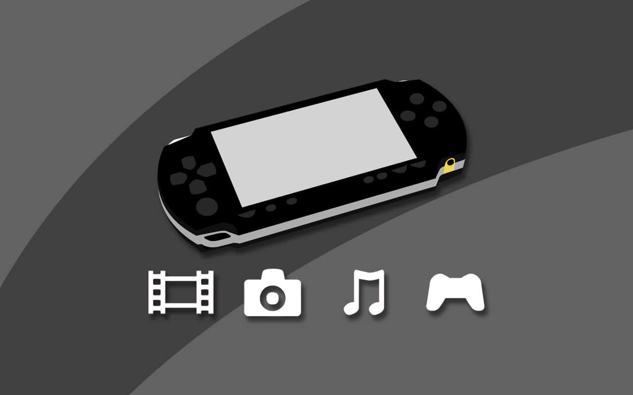 Psp 桌布 壁紙 — 一部時尚的黑色手提遊戲機放在灰色對角線背景上，下方有白色媒體和遊戲圖標。