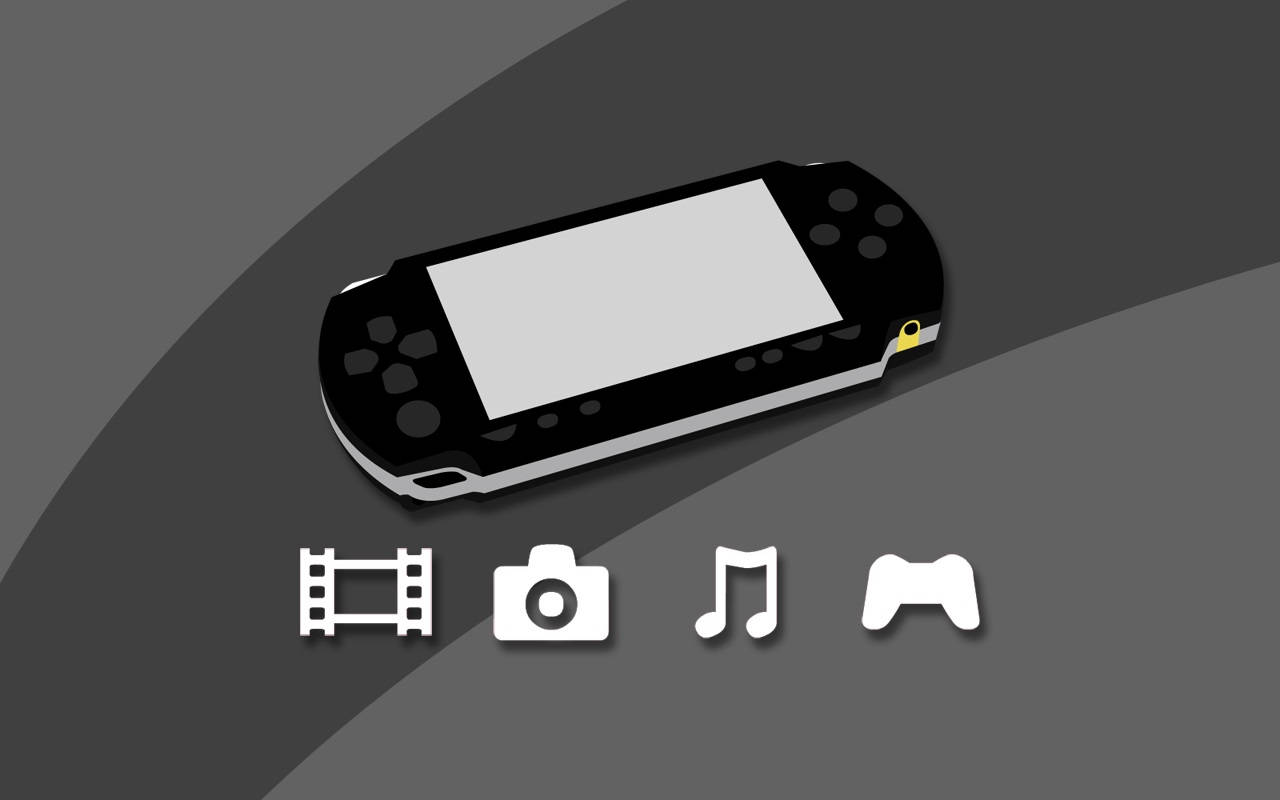 PlayStation 桌布 壁紙 — 一部時尚的黑色手提遊戲機放在灰色對角漸變背景上，下方有白色媒體圖標。