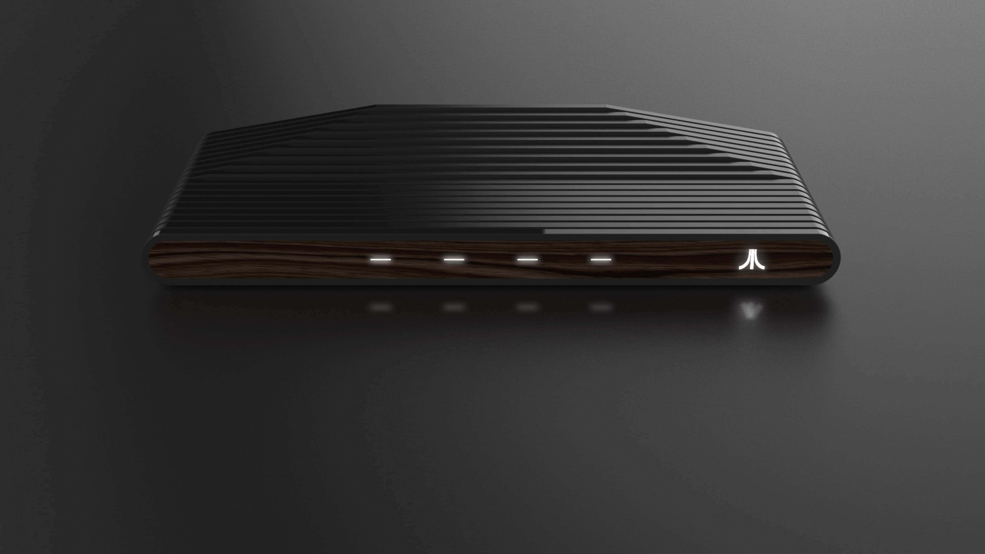 4K Gaming Consoles 桌布 壁紙 — 一部時尚的黑色木紋媒體播放器，帶有發光狀態指示燈，放置在深色反光表面上。