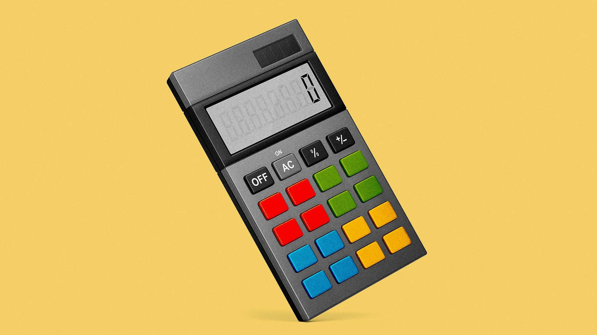 Calculator 桌布 壁紙 — 一部時尚的黑色計算機，帶有彩色按鈕，在溫暖的黃色背景上對角漂浮。