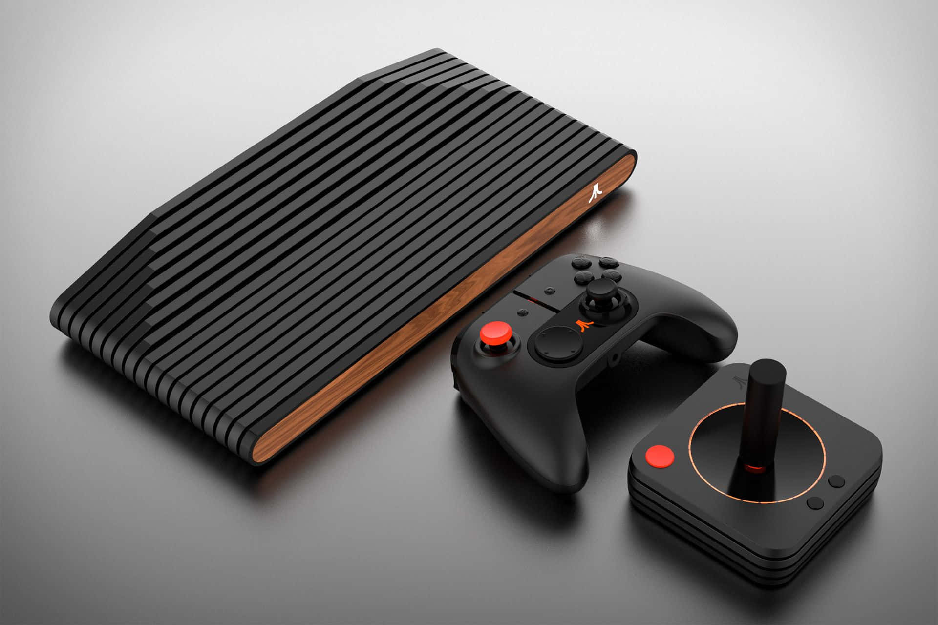 Game Console Emulators 桌布 壁紙 — 一部時尚的黑色遊戲主機，帶有木質裝飾，以及兩個控制器（一個現代風格，一個復古風格），放置在灰色表面上。