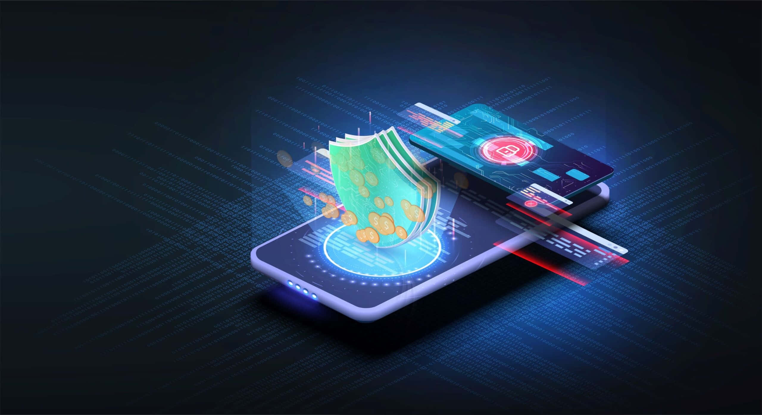 Mobile Banking 桌布 壁紙 — 一部智能手機在深色科技網格背景上顯示發光的數位貨幣和帶有鎖圖示的信用卡。