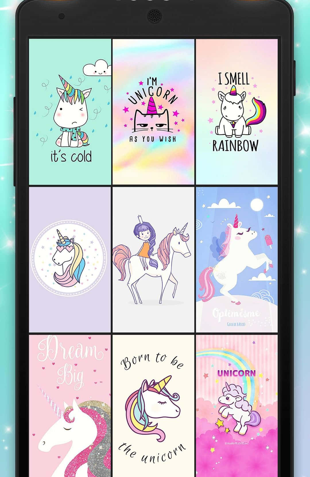 Kawaii Unicorn 桌布 壁紙 — 一部智能手機顯示九款可愛的獨角獸主題壁紙設計，採用柔和色調和俏皮文字。