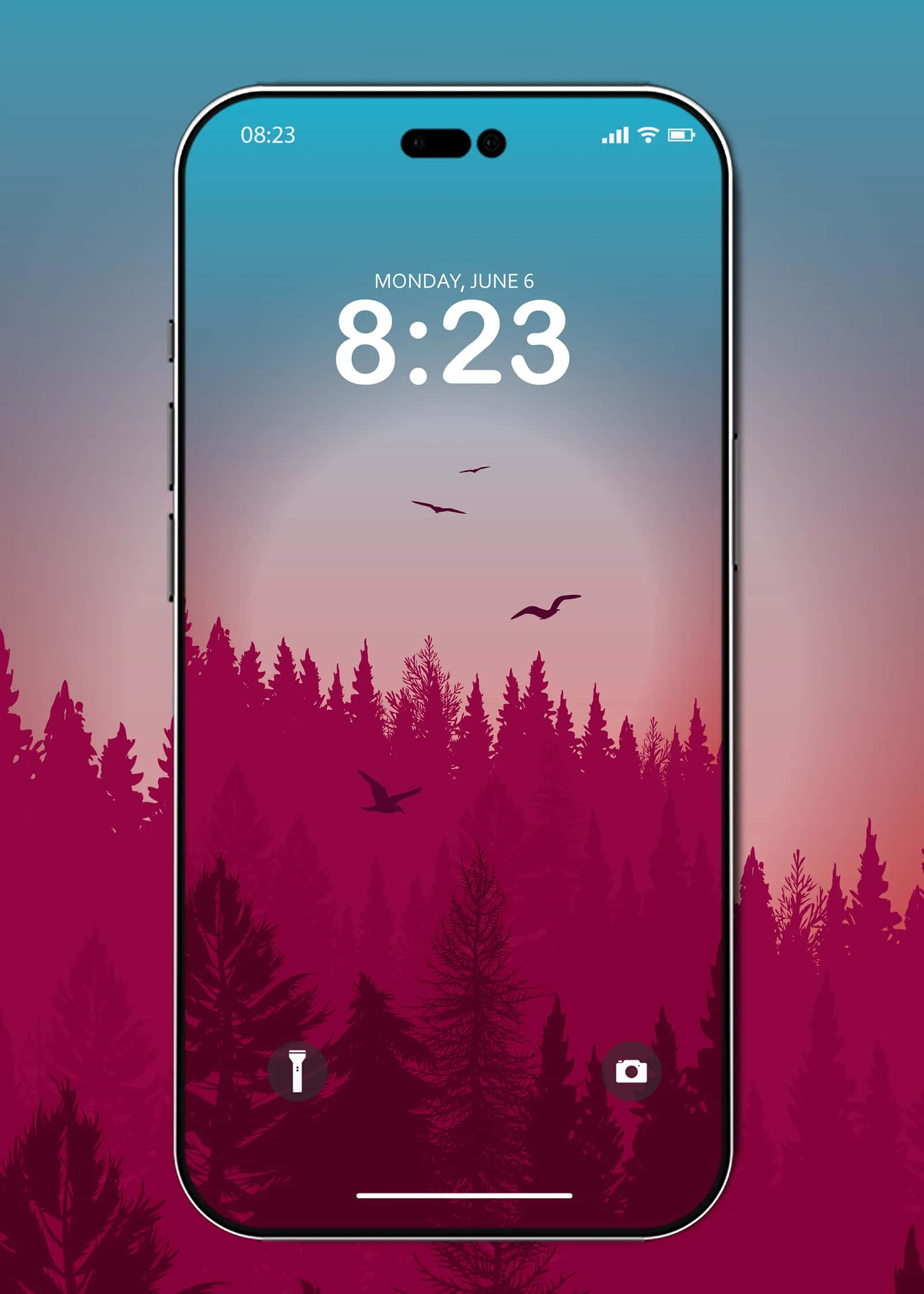 iPhone風格壁紙 桌布 壁紙 — 一部智能手機顯示寧靜的日落壁紙，帶有洋紅色森林剪影和飛鳥，背景為漸變天空。