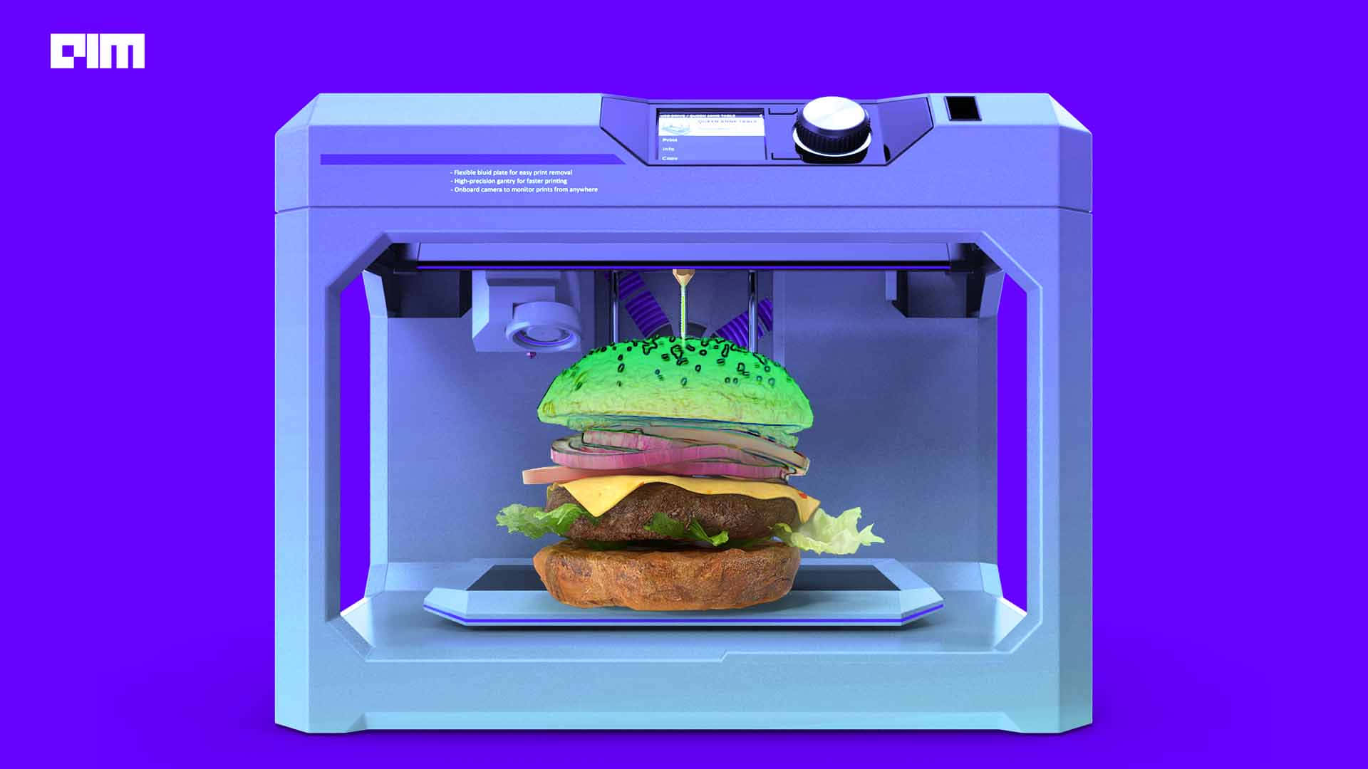 3d Printer 桌布 壁紙 — 一部未來感十足的3D打印機正在擠出一個鮮綠色漢堡，配有芝士、生菜和肉餅，背景是鮮豔的紫色。