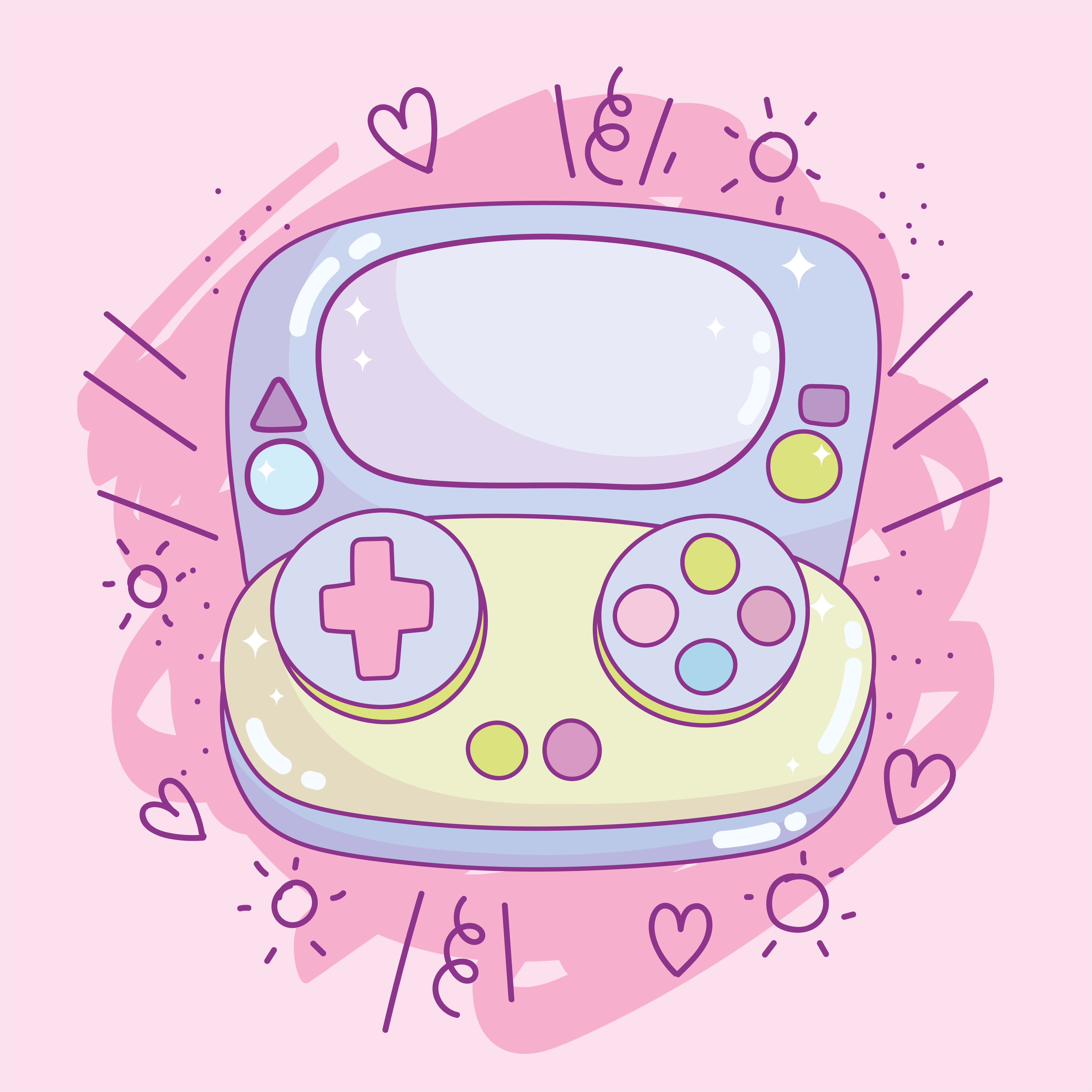 Kawaii Gaming 桌布 壁紙 — 一部柔和粉紅色背景上帶有心形和太陽塗鴉的粉彩色手提遊戲機。