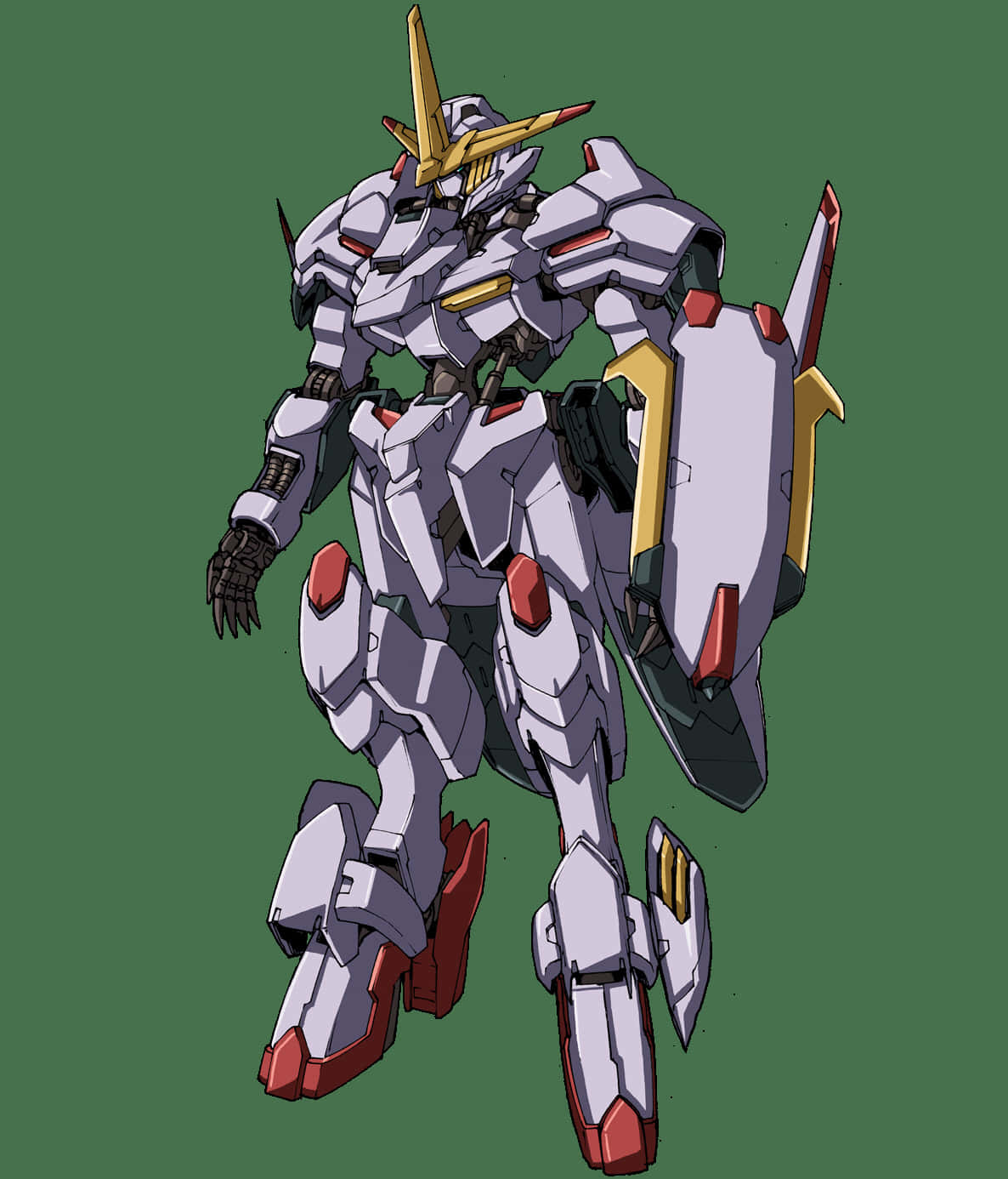 Mobile Suit Gundam Iron-blooded Orphans 桌布 壁紙 — 一部白色、紅色和金色的機動戰士，配備棱角裝甲和盾牌，站在純綠色背景前。