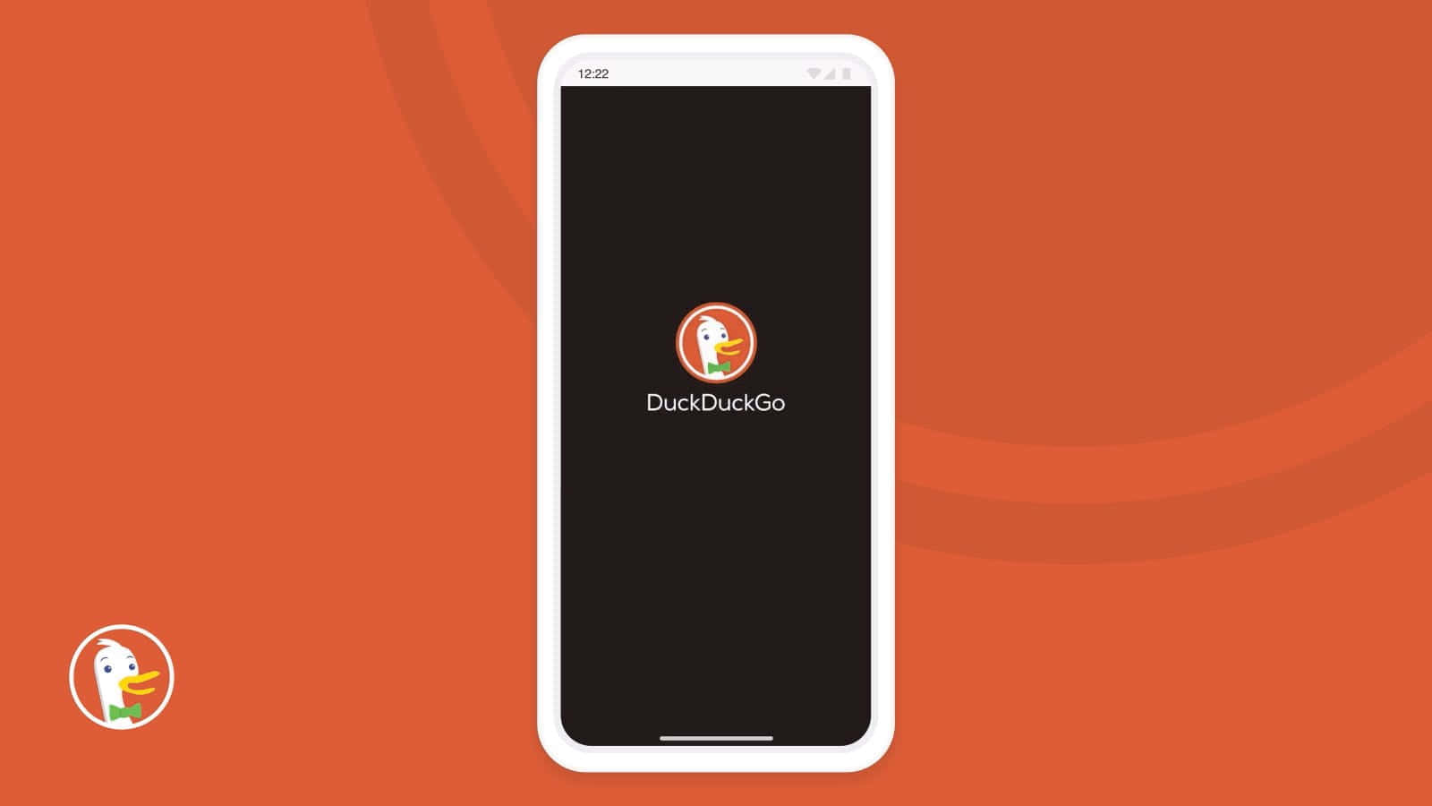 Duckduckgo 桌布 壁紙 — 一部白色智能手機在黑色屏幕上顯示DuckDuckGo應用程式標誌，背景為鮮豔的橙色，帶有微妙的曲線圖案。