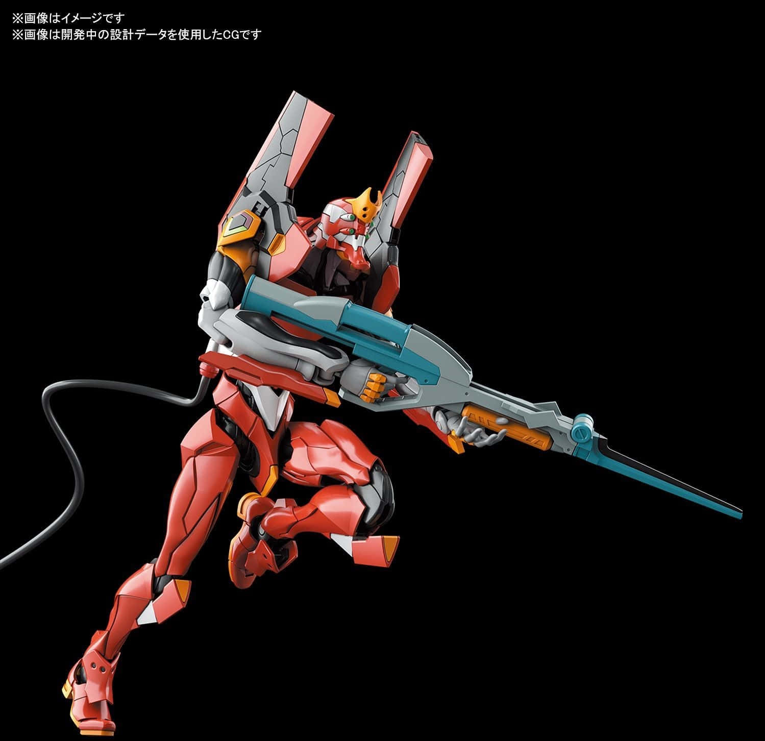 Eva-02 桌布 壁紙 — 一部紅色和銀色、帶有橙色點綴的機甲，手持一把巨大的藍色和銀色步槍，在黑色背景前向前衝刺。