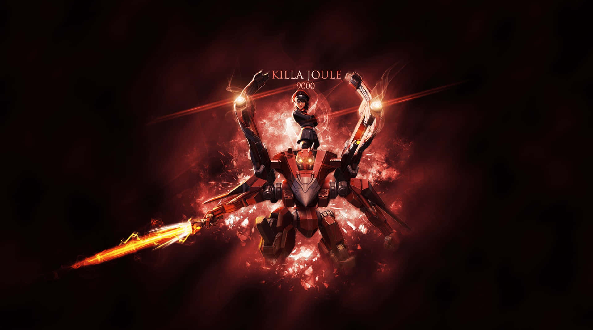 Vainglory 桌布 壁紙 — 一部紅色裝甲機甲，配備發光武器，駕駛員站在黑暗背景中的熾熱爆炸之間。