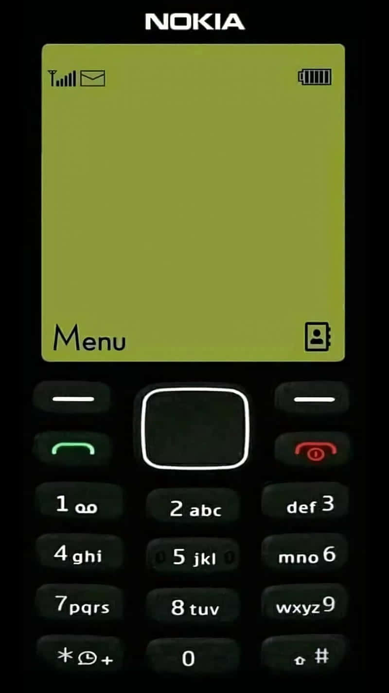 Nokia 桌布 壁紙 — 一部經典的Nokia手機，配備綠色屏幕和黑色鍵盤，顯示菜單選項。