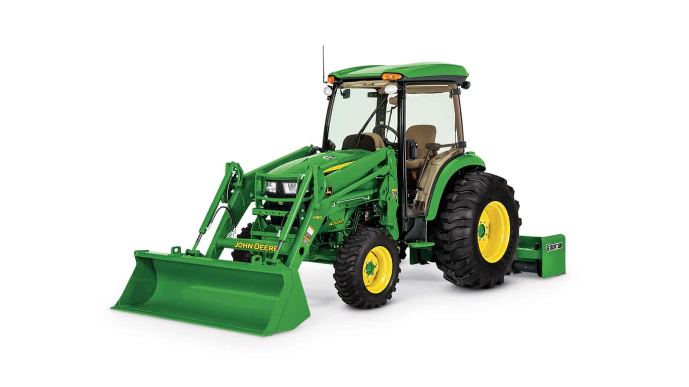 John Deere 桌布 壁紙 — 一部綠色John Deere拖拉機，配有黃色車輪和前置裝載機，孤立地站在白色背景前。