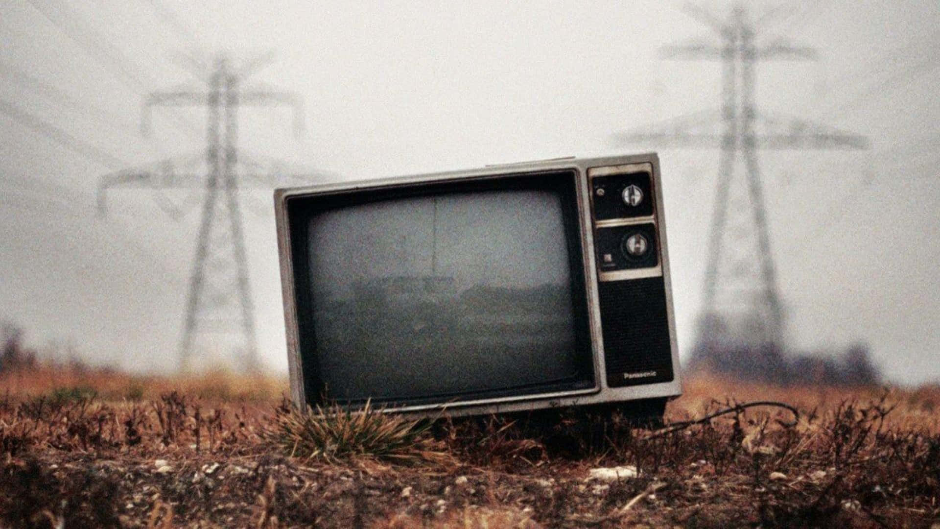 Television Set 桌布 壁紙 — 一部舊款Panasonic電視被遺棄在乾燥的田野中，背景有霧氣籠罩的電線杆。