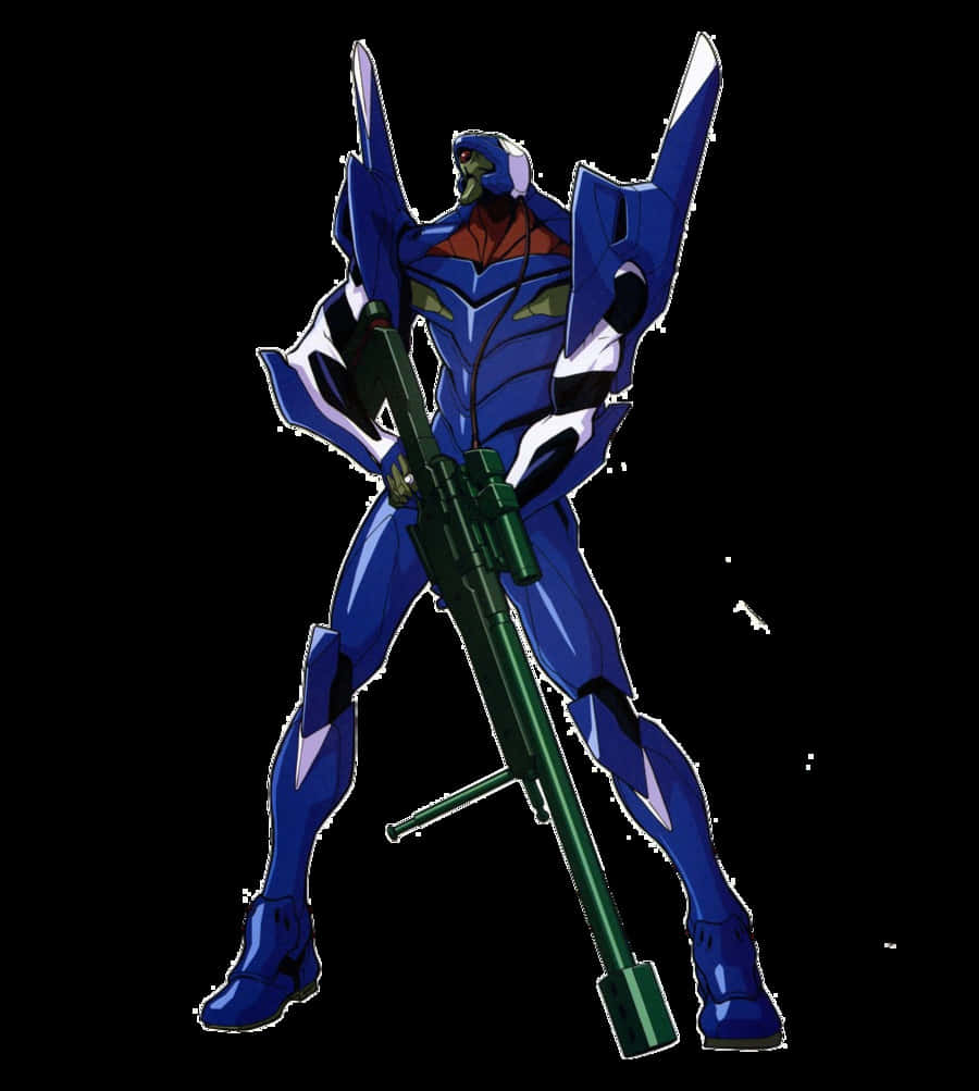Eva-00 桌布 壁紙 — 一部藍白相間嘅動畫機甲，手持綠色步槍，企喺純黑色背景前。