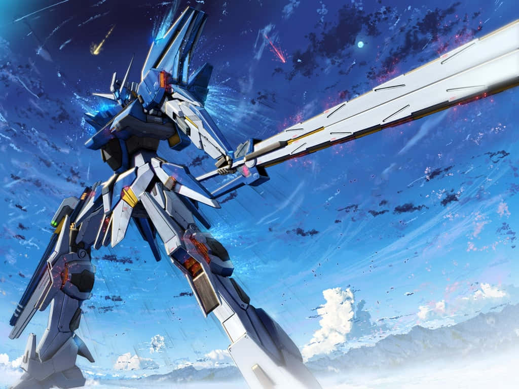 機動戰士鋼彈 桌布 壁紙 — 一部藍白相間的機動戰士在星空下揮舞著發光的劍，背景有流星和雲層。