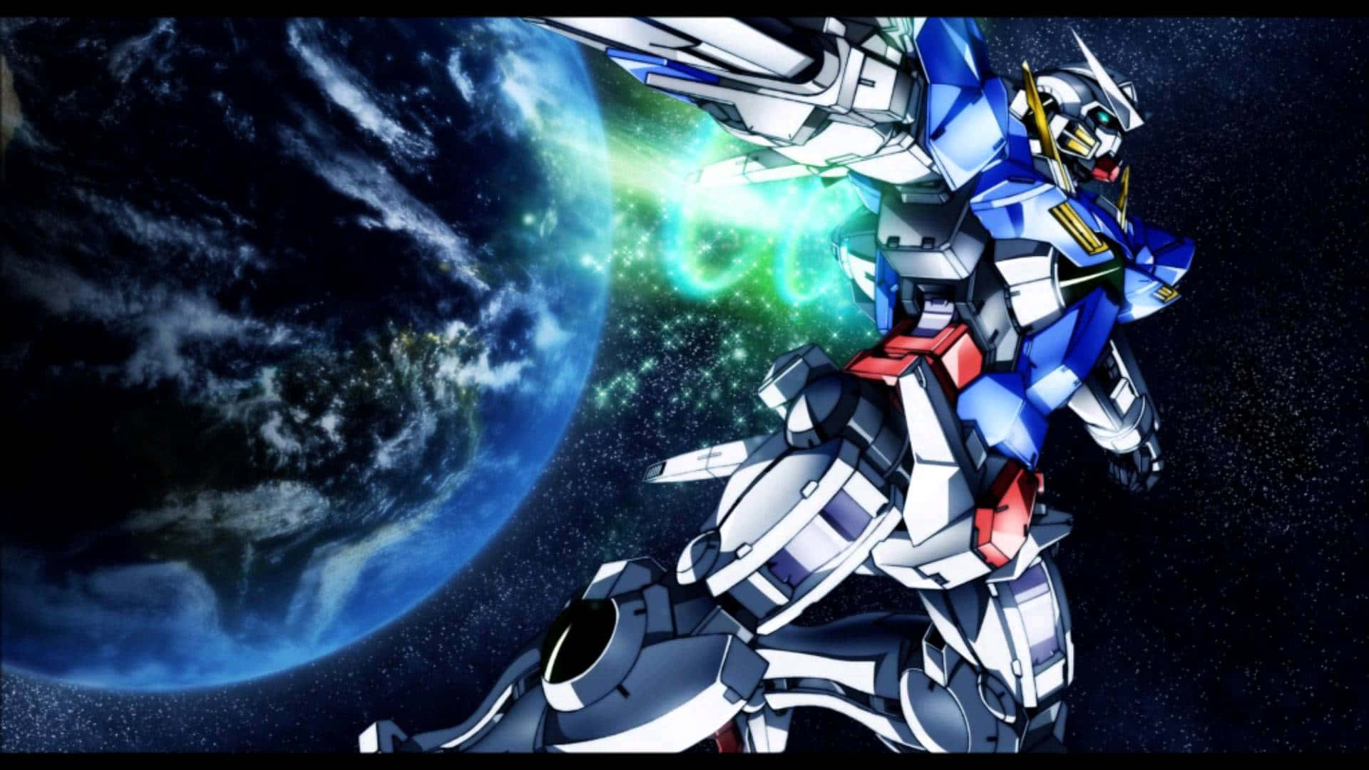 機動戰士鋼彈 桌布 壁紙 — 一部藍白相間的高達機甲站在太空中，發射綠色光束炮，地球清晰可見在其後方。