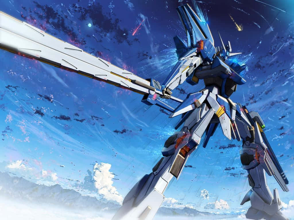 機動戰士鋼彈 桌布 壁紙 — 一部藍白色機動戰士在星空下揮舞發光劍，背景有流星劃過和雲層。