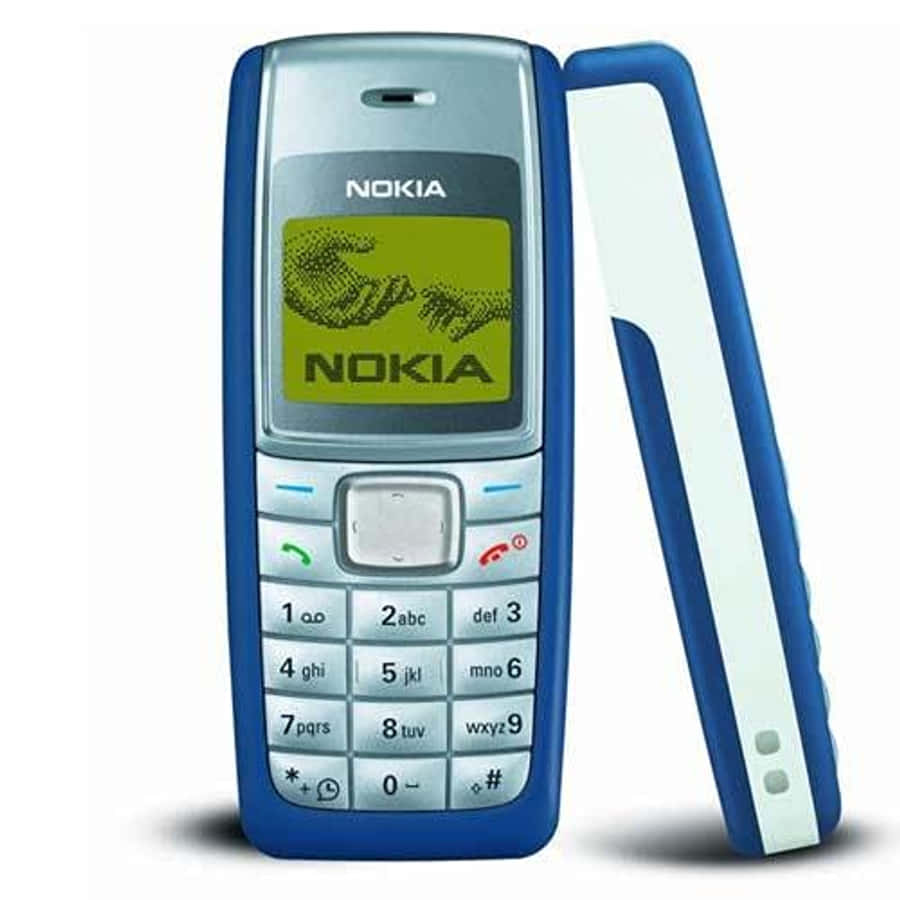 Nokia 桌布 壁紙 — 一部藍色Nokia手機，綠色屏幕上顯示握手標誌，旁邊是打開的翻蓋，背景為白色。