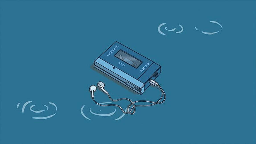 Walkman 4K Lo Fi 壁紙 — 一部藍色Sony Walkman連耳機漂浮在青綠色背景上，周圍環繞著風格化的聲波。