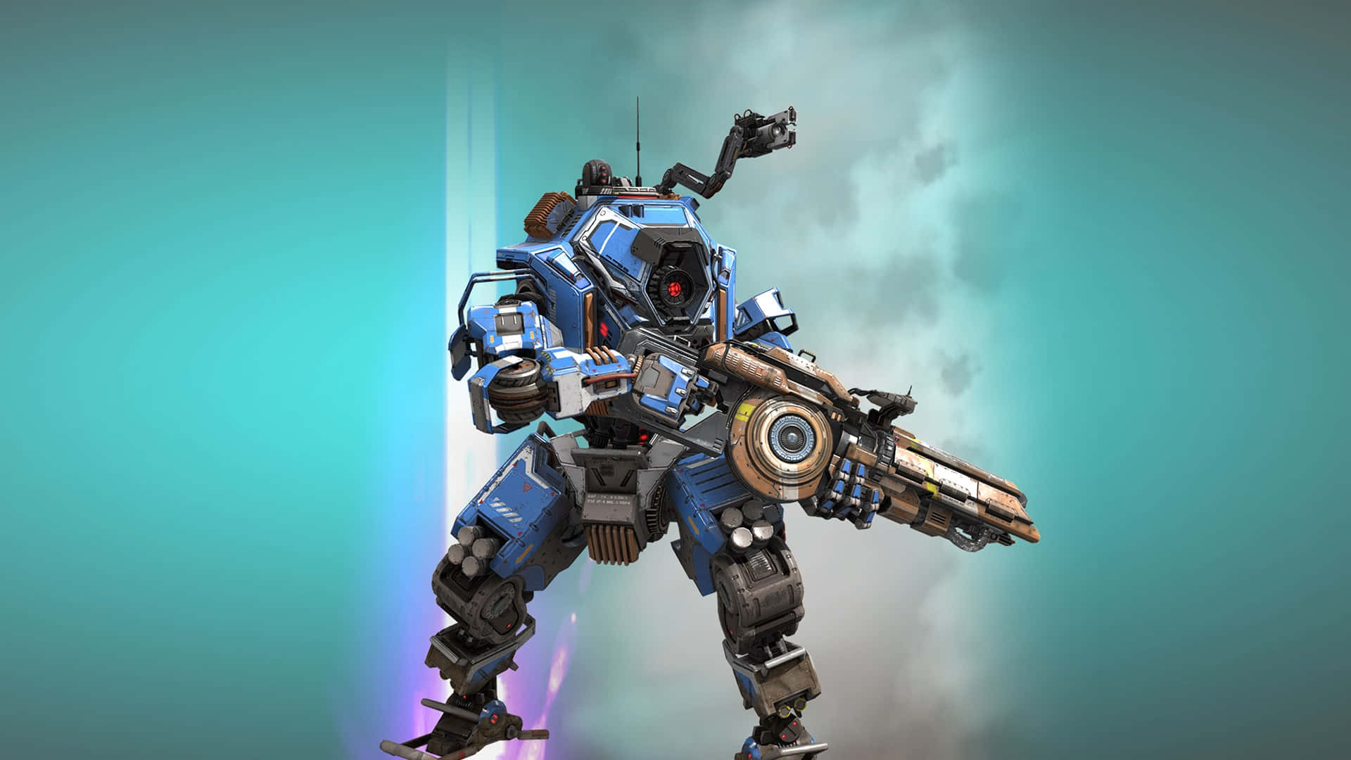 Steam Games 桌布 壁紙 — 一部藍黑裝甲機甲手持重型武器，在發光的青綠色和紫色背景前蓄勢待發。