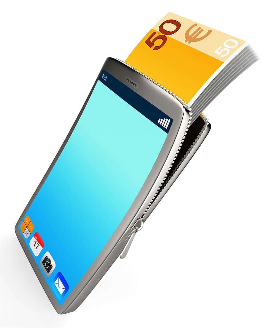 Mobile Banking 桌布 壁紙 — 一部設計成錢包的智能手機，拉鍊口袋中露出一張50歐元紙幣。