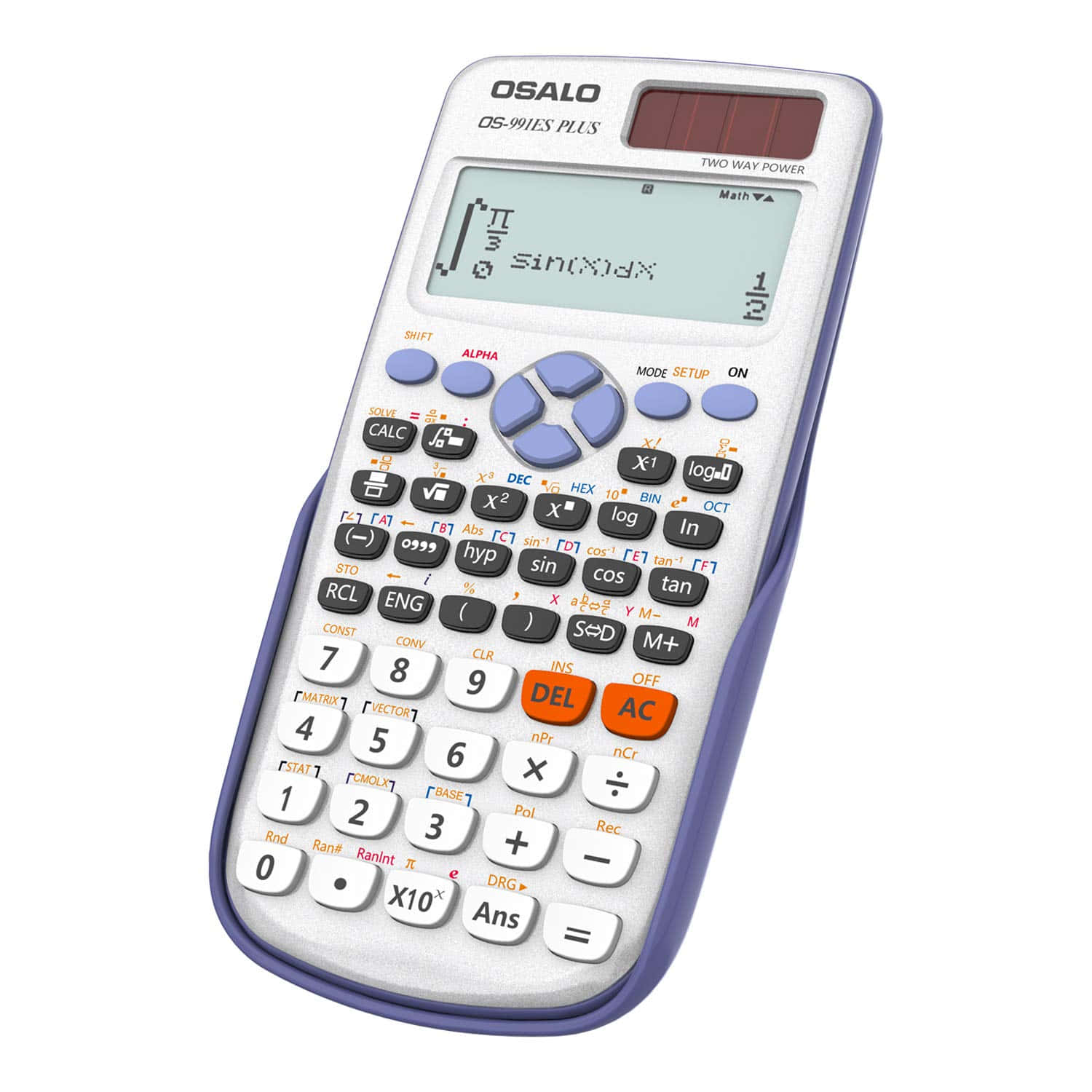Calculator 桌布 壁紙 — 一部銀色和紫色的Osalo科學計算機在潔白背景上顯示微積分積分。