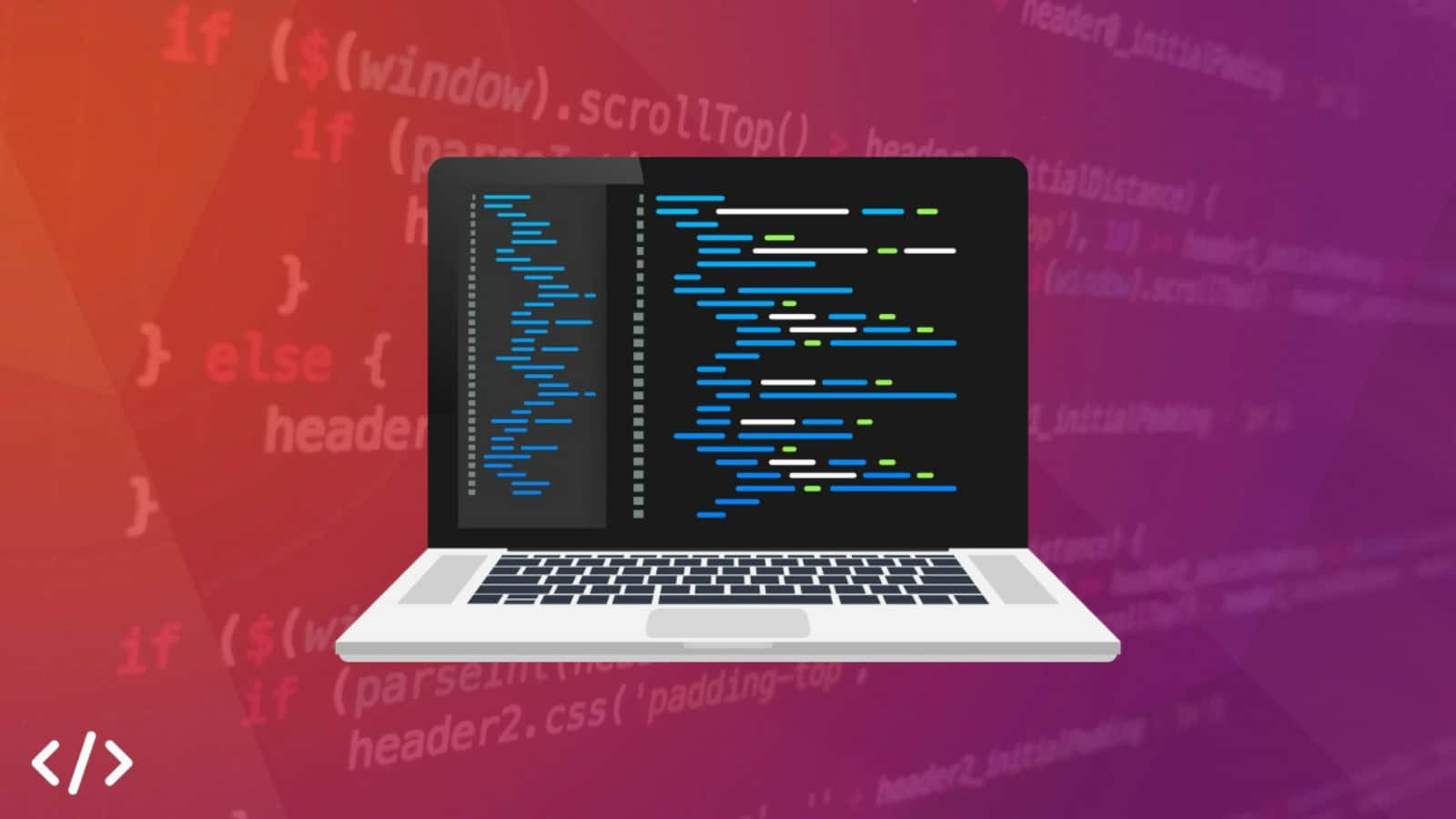 Programming 桌布 壁紙 — 一部銀色手提電腦在充滿浮動程式語法的鮮豔紅色和紫色背景上顯示彩色代碼。