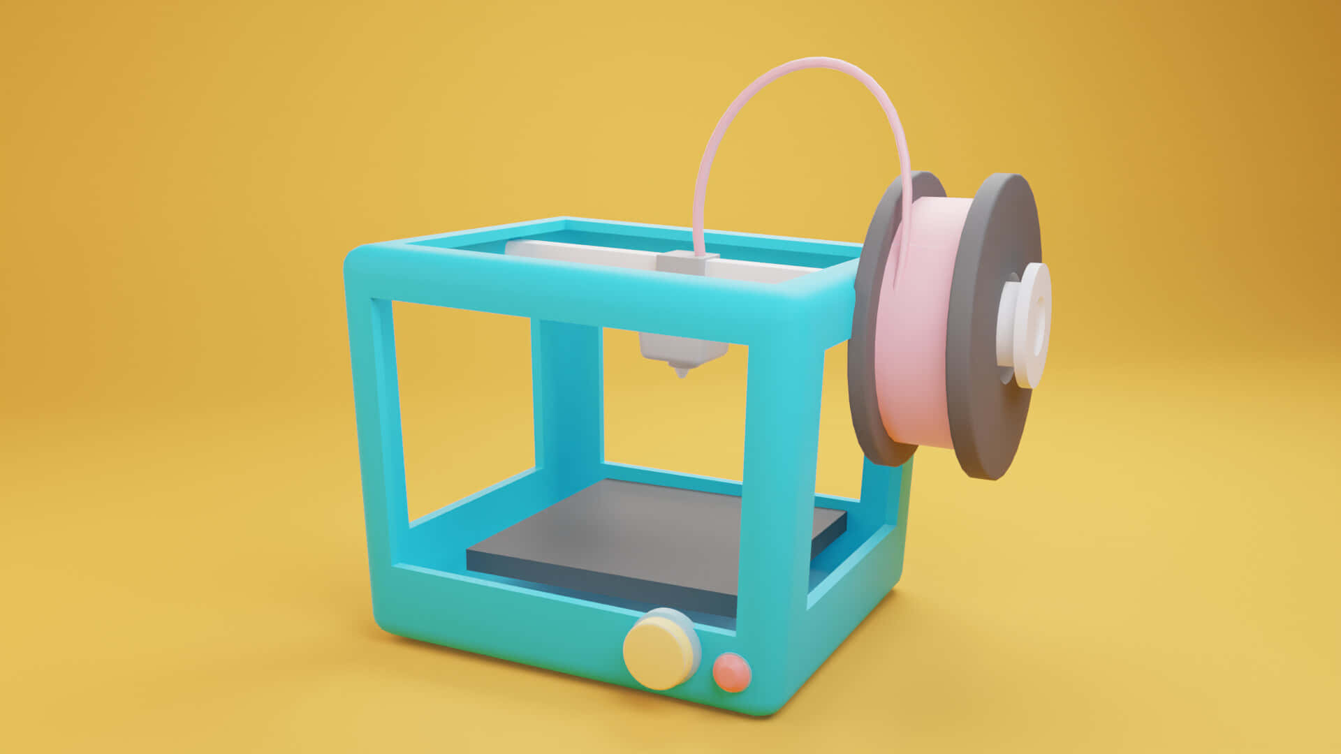 3d Printer 桌布 壁紙 — 一部青綠色的3D打印機配備粉紅色線材捲軸，立在純黃色背景前。
