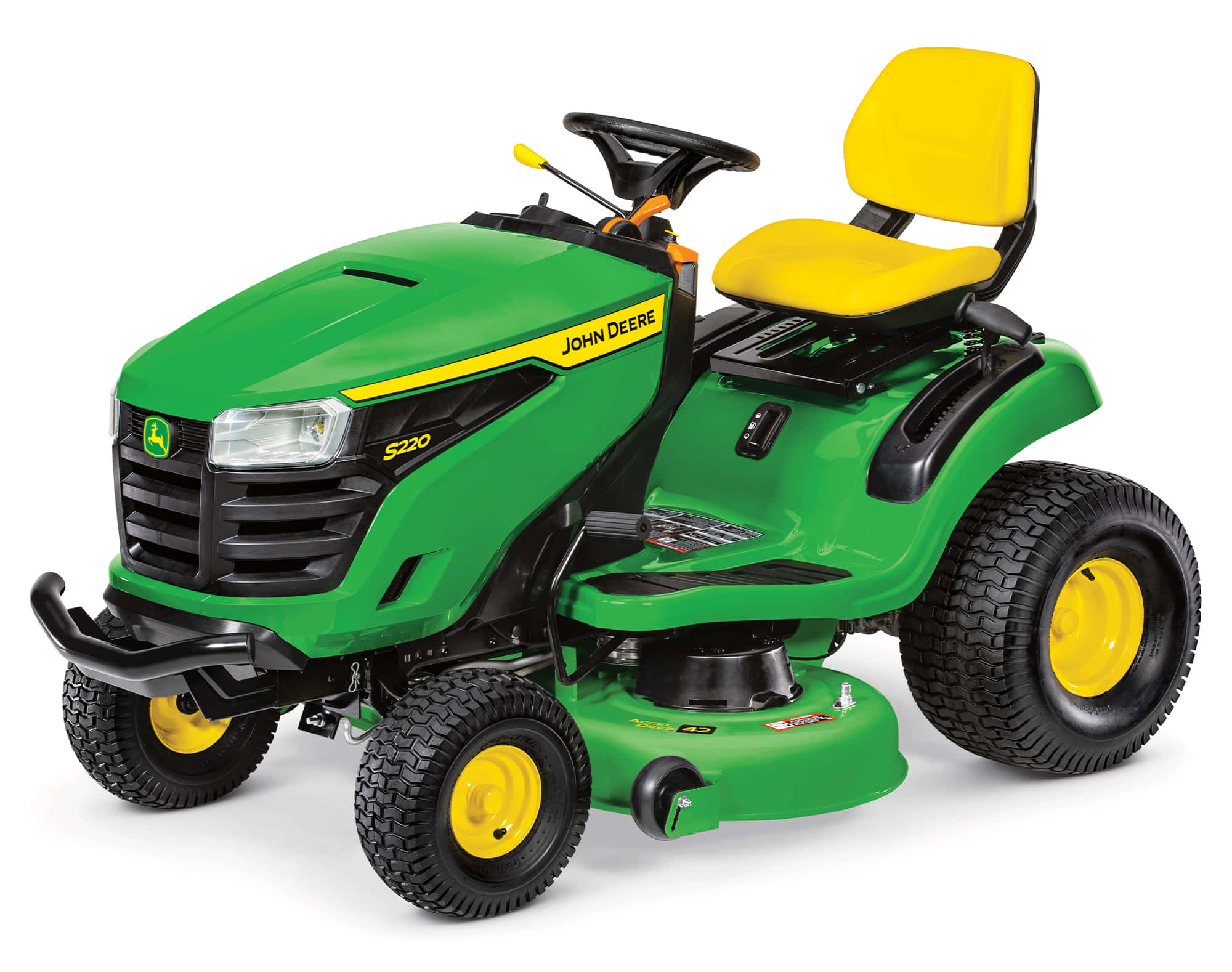 John Deere 桌布 壁紙 — 一部鮮綠色John Deere S220騎乘式割草機，配備黃色座椅和車輪，孤立在白色背景上。