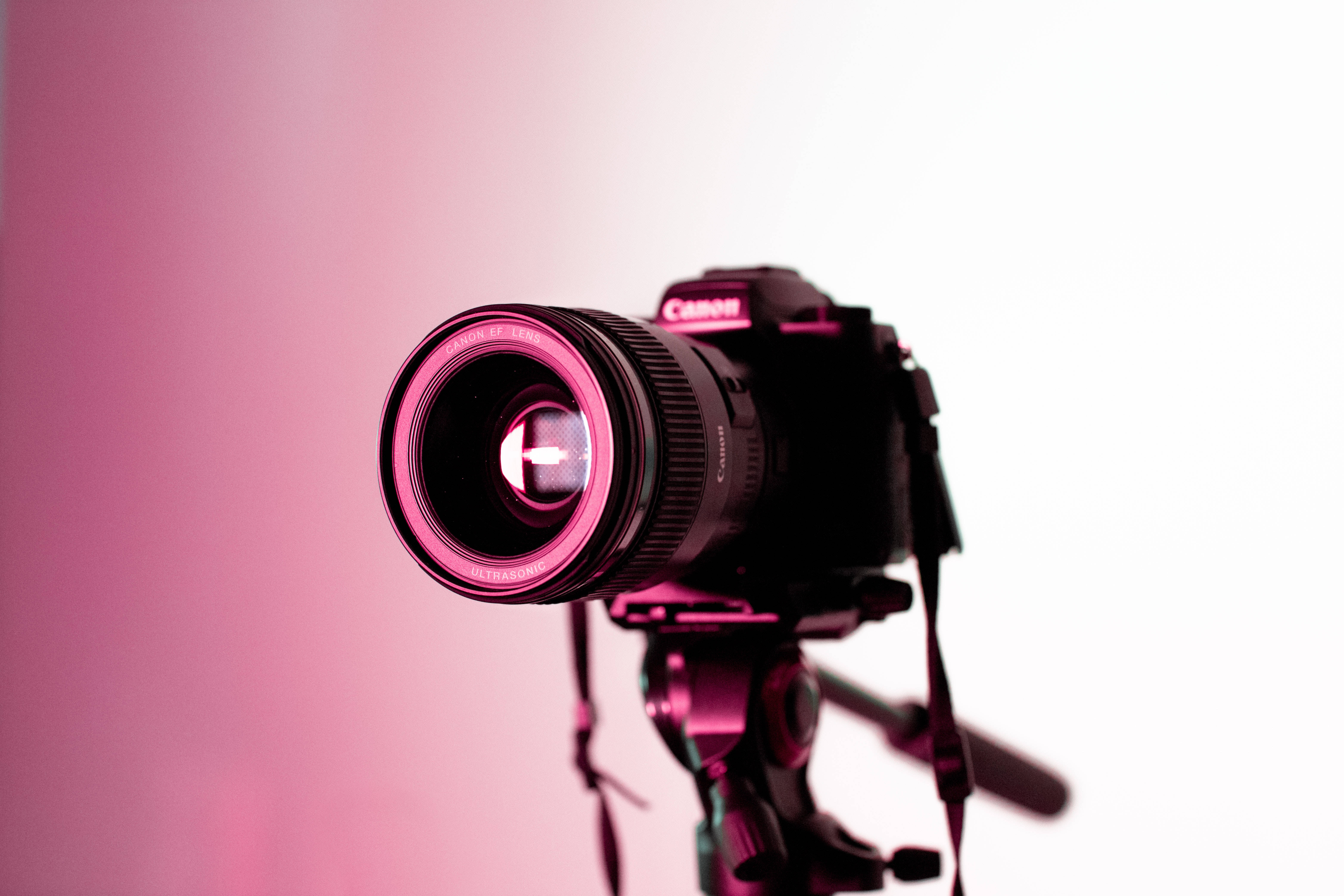 HD Photography 桌布 壁紙 — 一部黑色Canon DSLR相機安裝在三腳架上，沐浴在柔和粉紅光線中，背景為漸變色。