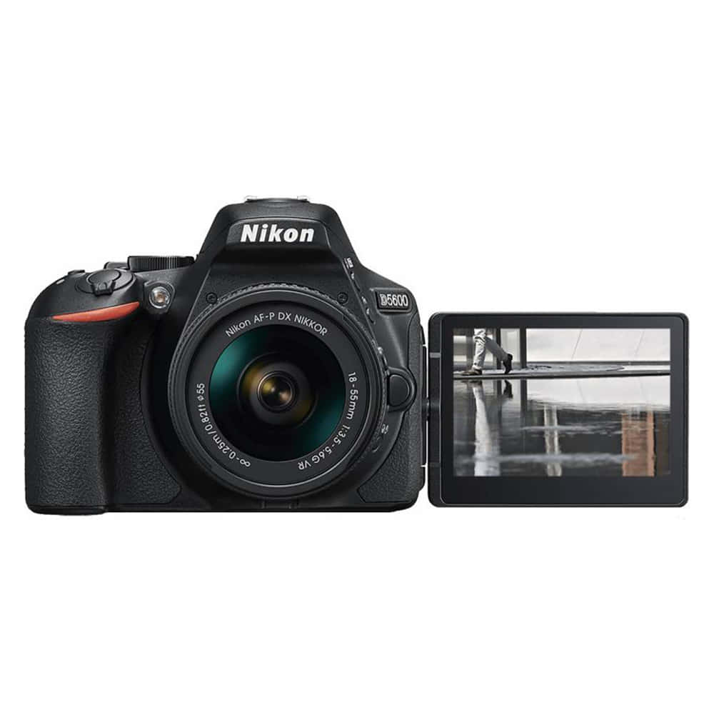 Dslr Camera 桌布 壁紙 — 一部黑色Nikon D5600 DSLR相機，配備18-55mm鏡頭和翻轉屏幕，顯示一張黑白照片，照片中一個人在潮濕表面上行走。