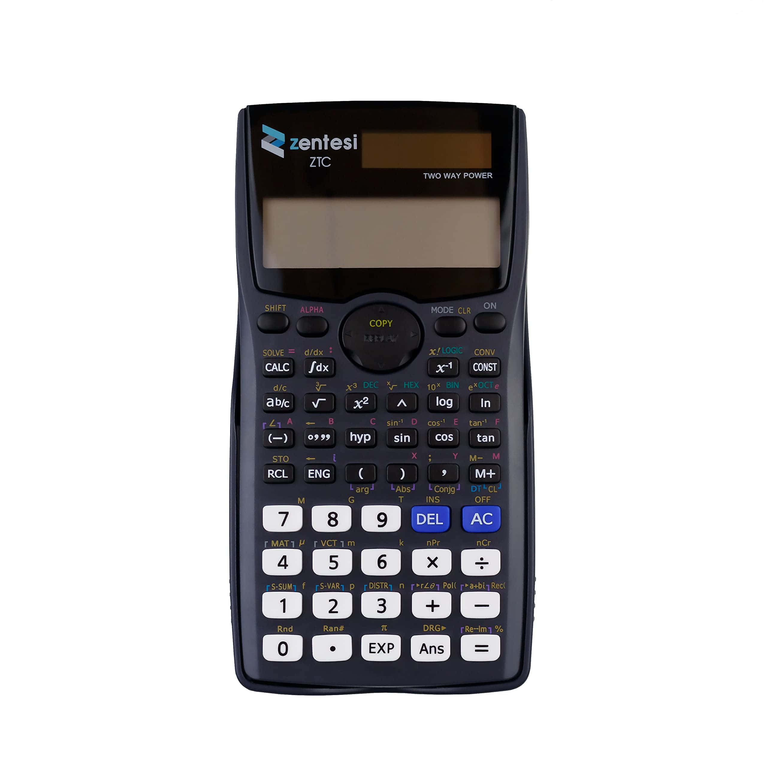 Calculator 桌布 壁紙 — 一部黑色Zentesi ZTC科學計算機，帶有彩色功能鍵和空白顯示屏，正面展示在白色背景上。