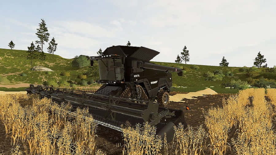Simulation Games 桌布 壁紙 — 一部黑色聯合收割機在晴朗的天空下，穿過金色麥田，起伏的山丘上散落著樹木。