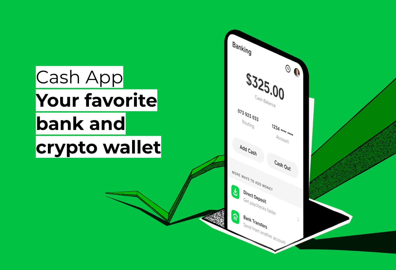 Cash App 手機畫面顯示 $325.00 餘額及銀行功能，背景為綠色。