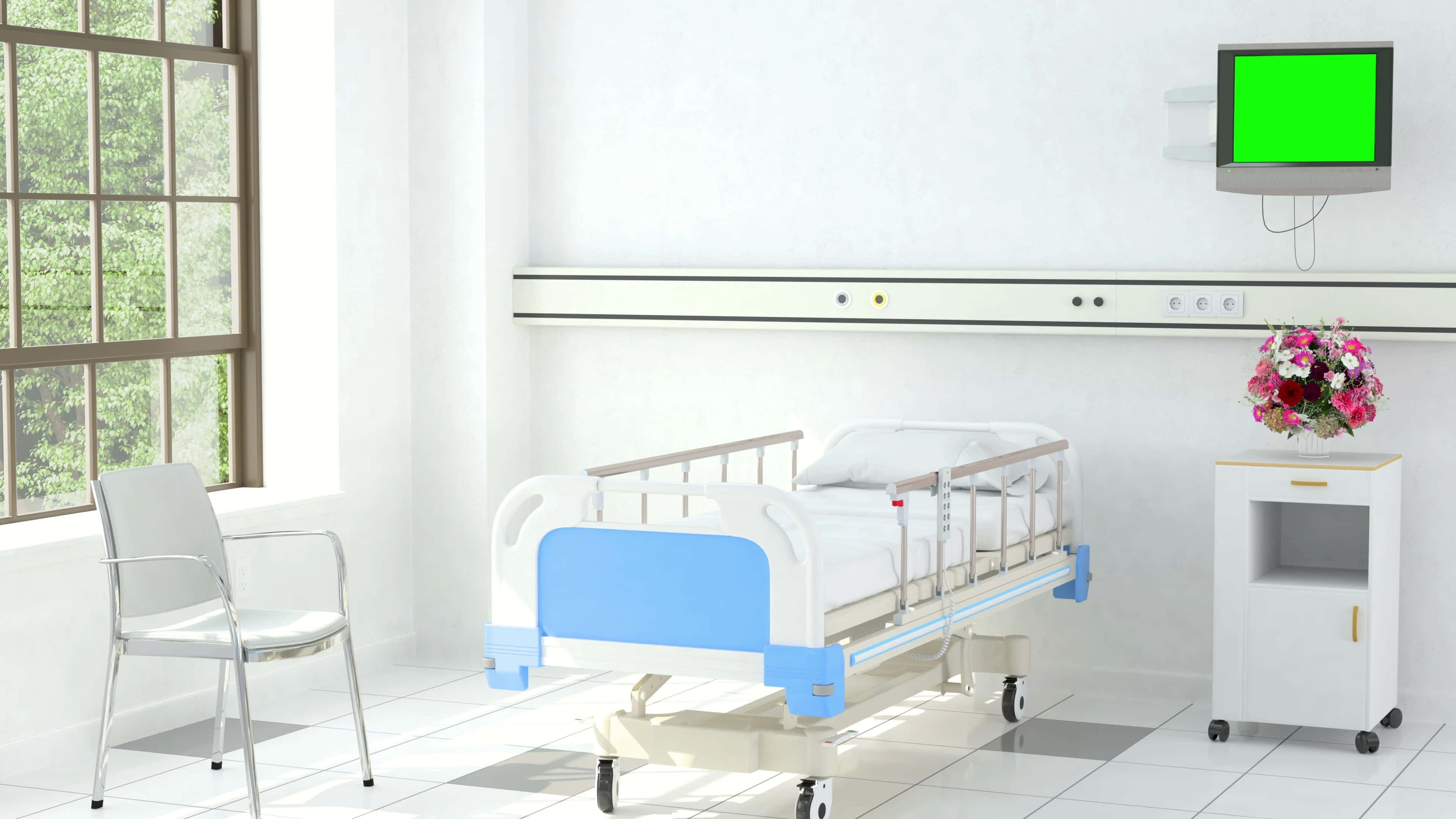 Hospital Bed 桌布 壁紙 — 一間乾淨的醫院病房，內有藍色醫療床、白色椅子和綠色屏幕電視，旁邊是窗戶，窗外有樹木。
