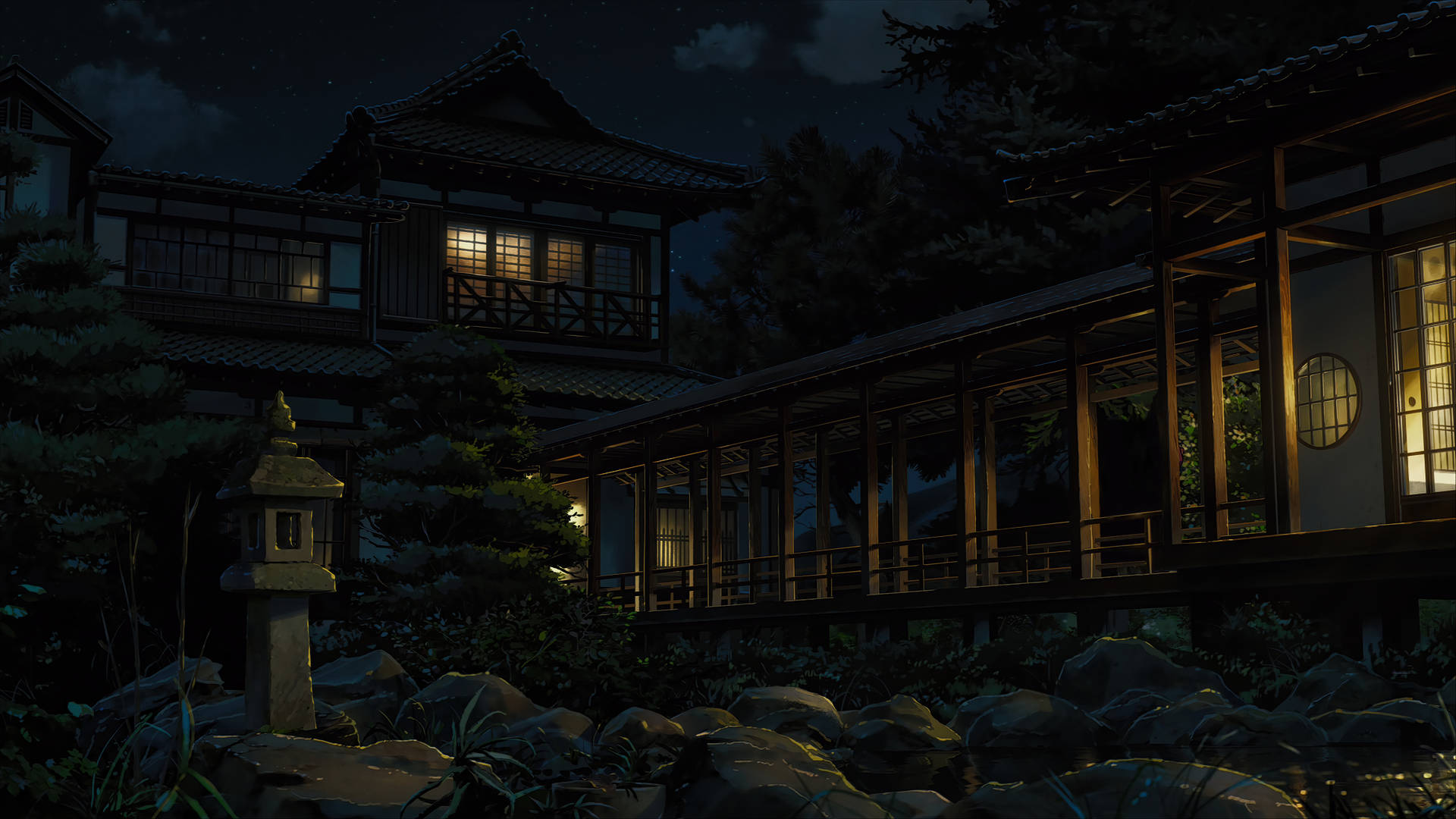 夜間點亮的傳統日本房屋，配有石燈籠和樹木 — 你的名字 壁紙
